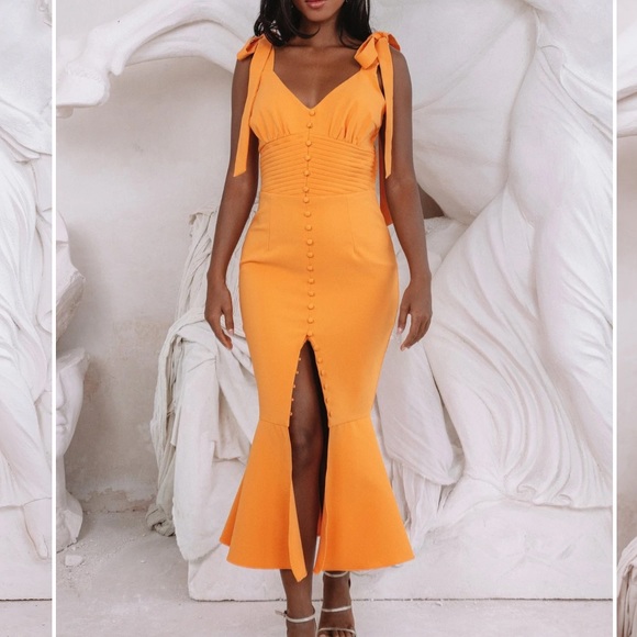 KAMILA TIE STRAP MICRO BUTTON MIDI DRESS IN ORANGE - Picture 5 of 5